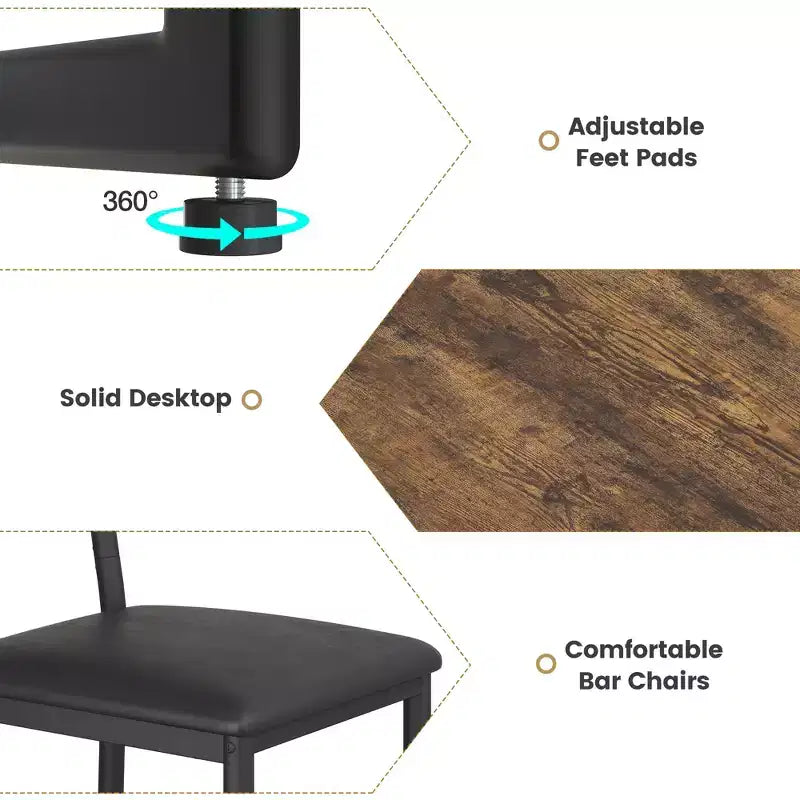 Ensemble table et chaises de bar rétro pour 2 avec casier à vin et porte-verres, ensemble table de bar hauteur comptoir avec étagère de rangement ouverte, table de salle à manger de cuisine