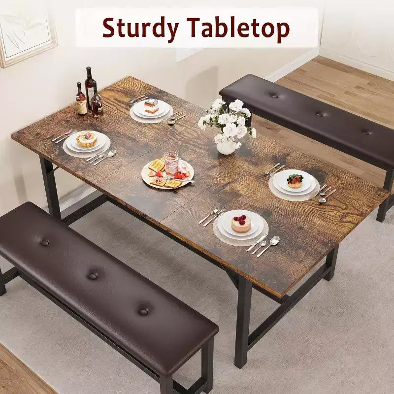 Table de salle à manger extensible de ferme pour 4/6 personnes, grand ensemble de table de salle à manger avec deux bancs rembourrés, pour la maison, la salle à manger, marron rustique