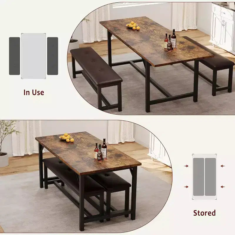 Table de salle à manger extensible de ferme pour 4/6 personnes, grand ensemble de table de salle à manger avec deux bancs rembourrés, pour la maison, la salle à manger, marron rustique