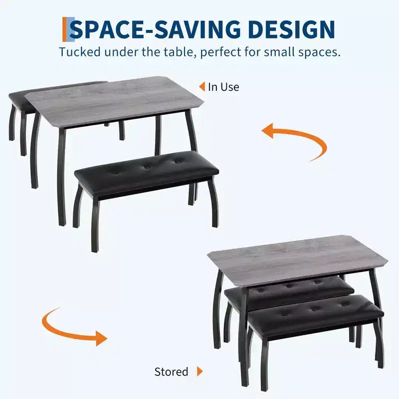 Ensemble table de salle à manger 4 places, table de cuisine à cadre métallique avec 2 bancs rembourrés, ensemble de 3 meubles de salle à manger pour appartement, studio, maison