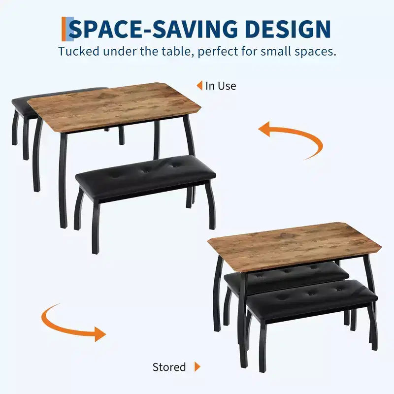 Ensemble table de salle à manger 4 places, table de cuisine à cadre métallique avec 2 bancs rembourrés, ensemble de 3 meubles de salle à manger pour appartement, studio, maison