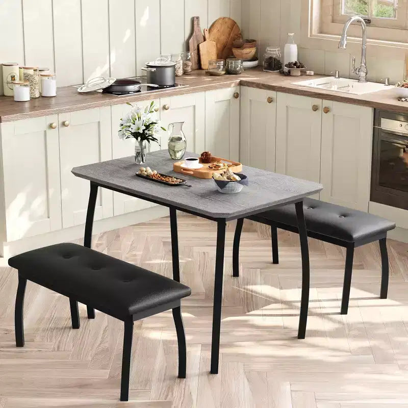 Ensemble table de salle à manger 4 places, table de cuisine à cadre métallique avec 2 bancs rembourrés, ensemble de 3 meubles de salle à manger pour appartement, studio, maison