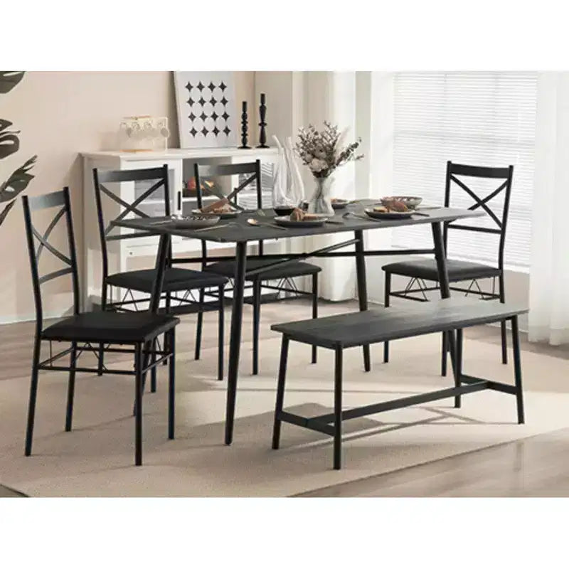 karl Home 1 Table, 1 Tabouret, 4 Chaises, Tuyau de Fer Noir, Coussin Doux Gris, Ensemble Table et Chaises de Salle à Manger