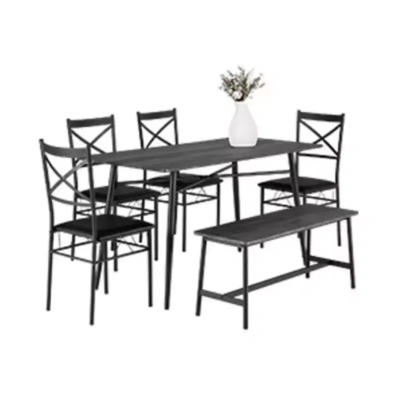 karl Home 1 Table, 1 Tabouret, 4 Chaises, Tuyau de Fer Noir, Coussin Doux Gris, Ensemble Table et Chaises de Salle à Manger