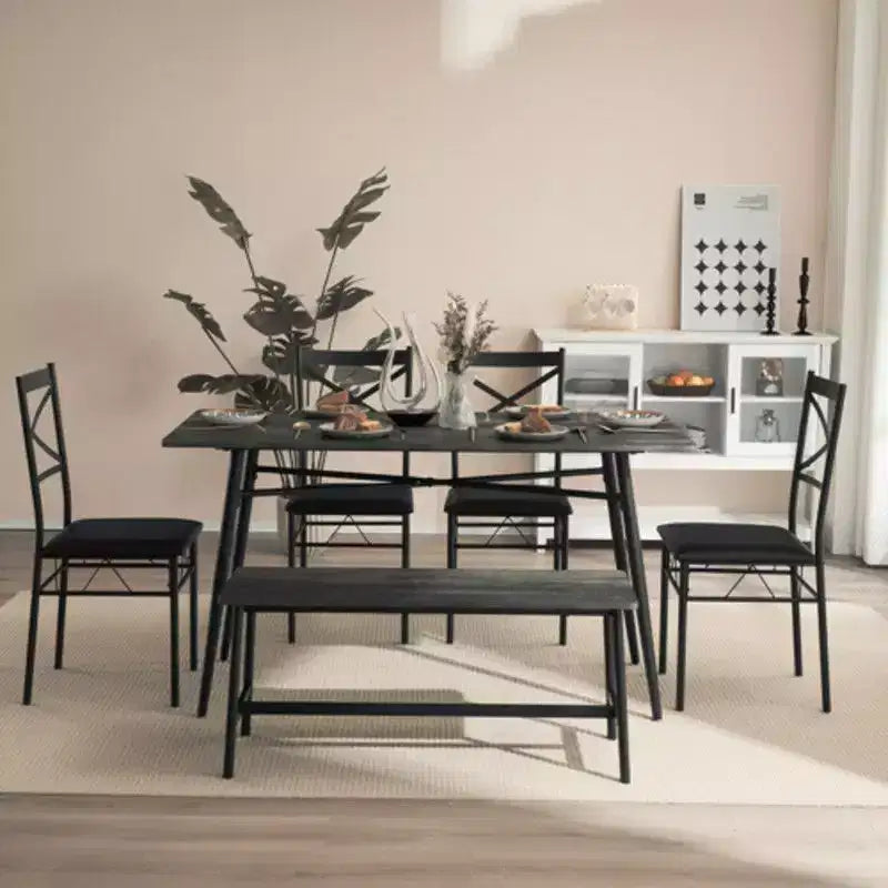 karl Home 1 Table, 1 Tabouret, 4 Chaises, Tuyau de Fer Noir, Coussin Doux Gris, Ensemble Table et Chaises de Salle à Manger