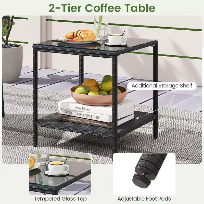 Ensemble de mobilier de jardin Costway 3 pièces avec table à 2 niveaux, plateau en verre trempé et coussins moelleux Blanc/Noir/Marron