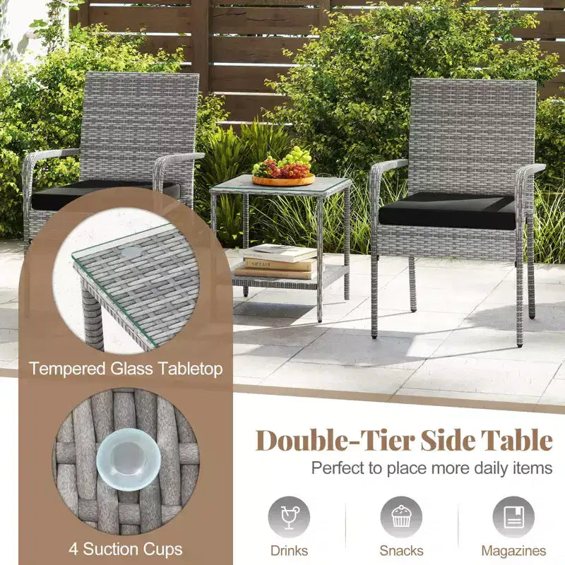 Ensemble de mobilier de jardin Costway 3 pièces avec table à 2 niveaux, plateau en verre trempé et coussins moelleux Blanc/Noir/Marron