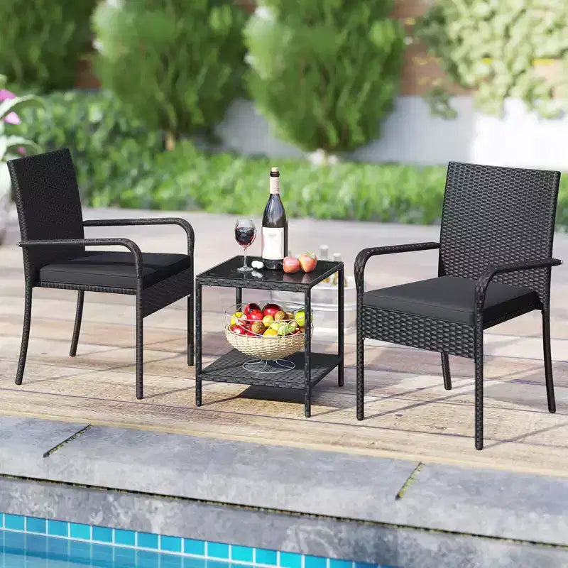 Ensemble de mobilier de jardin Costway 3 pièces avec table à 2 niveaux, plateau en verre trempé et coussins moelleux Blanc/Noir/Marron