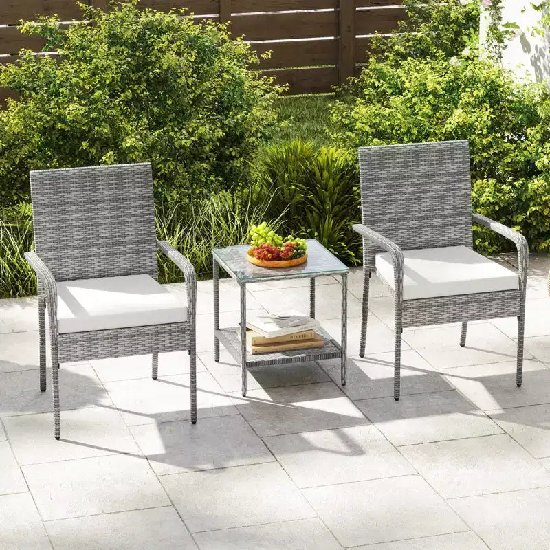 Ensemble de mobilier de jardin Costway 3 pièces avec table à 2 niveaux, plateau en verre trempé et coussins moelleux Blanc/Noir/Marron