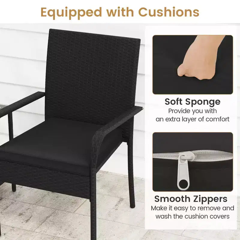 Ensemble de mobilier de jardin Costway 3 pièces avec table à 2 niveaux, plateau en verre trempé et coussins moelleux Blanc/Noir/Marron