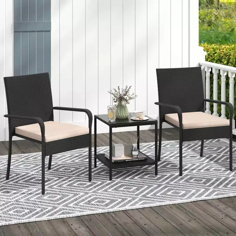 Ensemble de mobilier de jardin Costway 3 pièces avec table à 2 niveaux, plateau en verre trempé et coussins moelleux Blanc/Noir/Marron