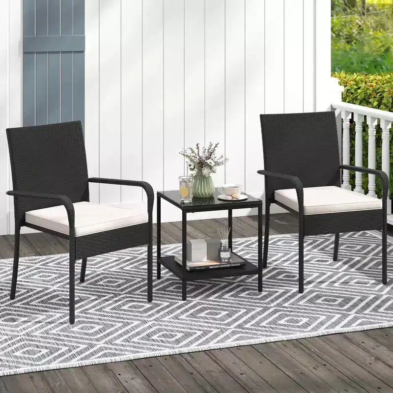 Ensemble de mobilier de jardin Costway 3 pièces avec table à 2 niveaux, plateau en verre trempé et coussins moelleux Blanc/Noir/Marron