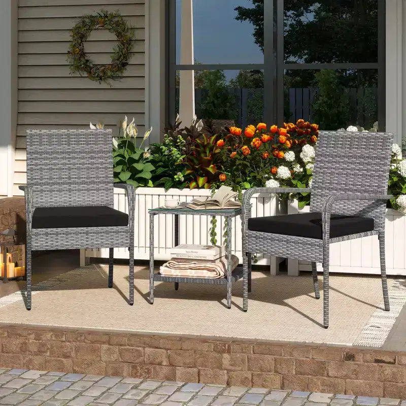 Ensemble de mobilier de jardin Costway 3 pièces avec table à 2 niveaux, plateau en verre trempé et coussins moelleux Blanc/Noir/Marron
