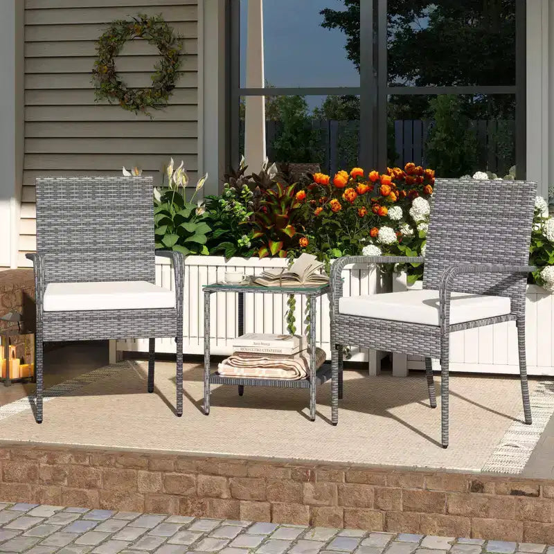 Ensemble de mobilier de jardin Costway 3 pièces avec table à 2 niveaux, plateau en verre trempé et coussins moelleux Blanc/Noir/Marron