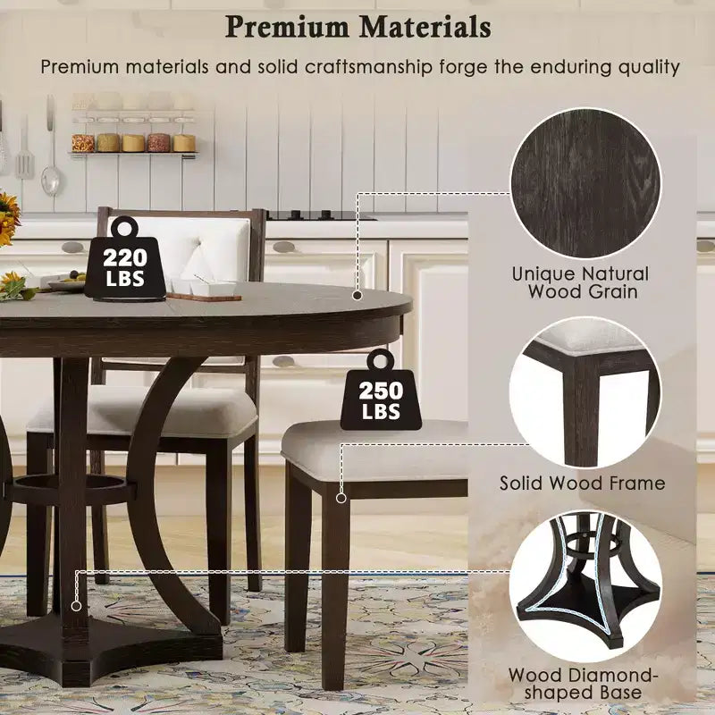 Ensemble de salle à manger rétro 5 pièces avec table ronde extensible et 4 chaises rembourrées