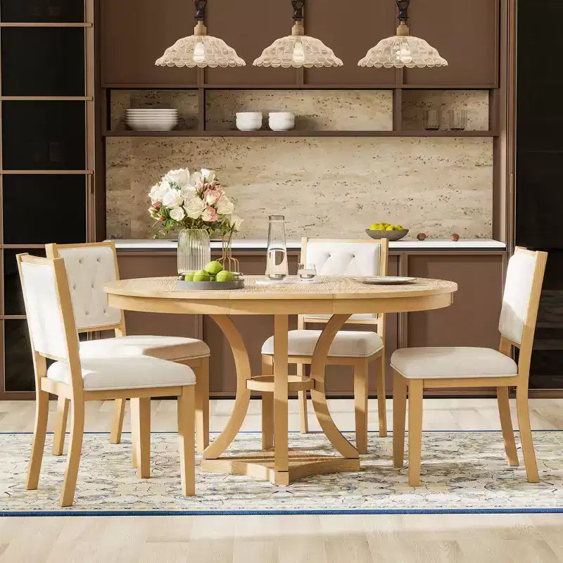 Ensemble de salle à manger rétro 5 pièces avec table ronde extensible et 4 chaises rembourrées