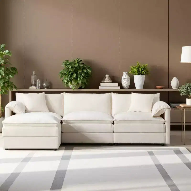 Canapé d'angle modulable 4 places en chenille Polibi en U avec pouf mobile et accoudoirs coussins