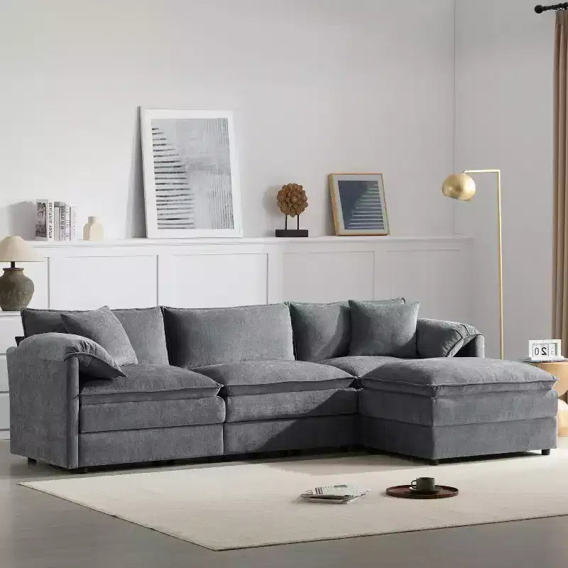 Canapé d'angle modulable 4 places en chenille Polibi en U avec pouf mobile et accoudoirs coussins