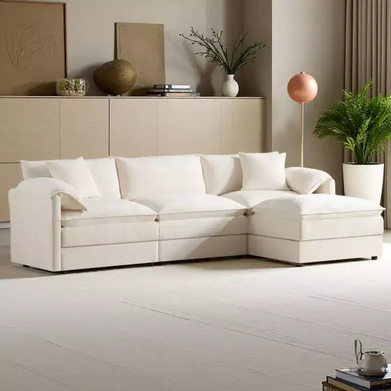 Canapé d'angle modulable 4 places en chenille Polibi en U avec pouf mobile et accoudoirs coussins