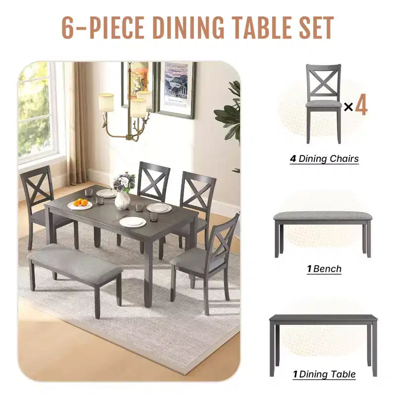 Ensemble de salle à manger en bois 6 pièces Zevemomo, comprenant 1 table à manger, 4 chaises rembourrées avec pieds en bois, 1 banc, pour salle à manger, gris