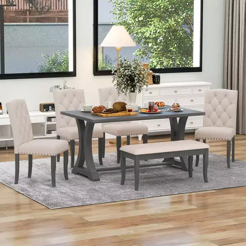 Ensemble de salle à manger GDFStudio Thomas 6 pièces style ferme avec chaises et banc rembourrés