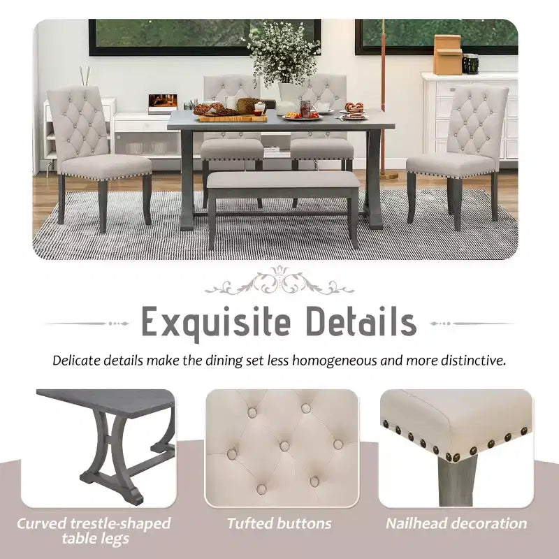 Ensemble de salle à manger GDFStudio Thomas 6 pièces style ferme avec chaises et banc rembourrés