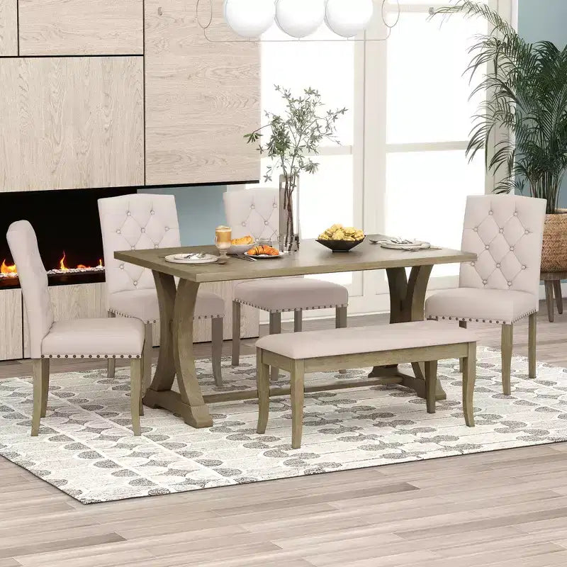 Ensemble de salle à manger GDFStudio Thomas 6 pièces style ferme avec chaises et banc rembourrés