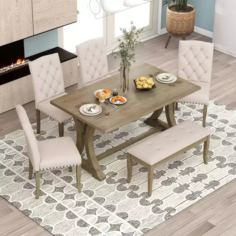 Ensemble de salle à manger GDFStudio Thomas 6 pièces style ferme avec chaises et banc rembourrés