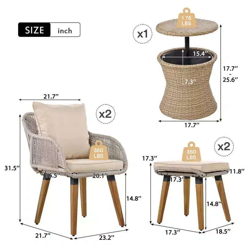Ensemble de mobilier de patio Zevemomo 5 pièces en corde, pour jardin avec fauteuils tressés à la main, poufs, table en osier avec bar rafraîchissant escamotable
