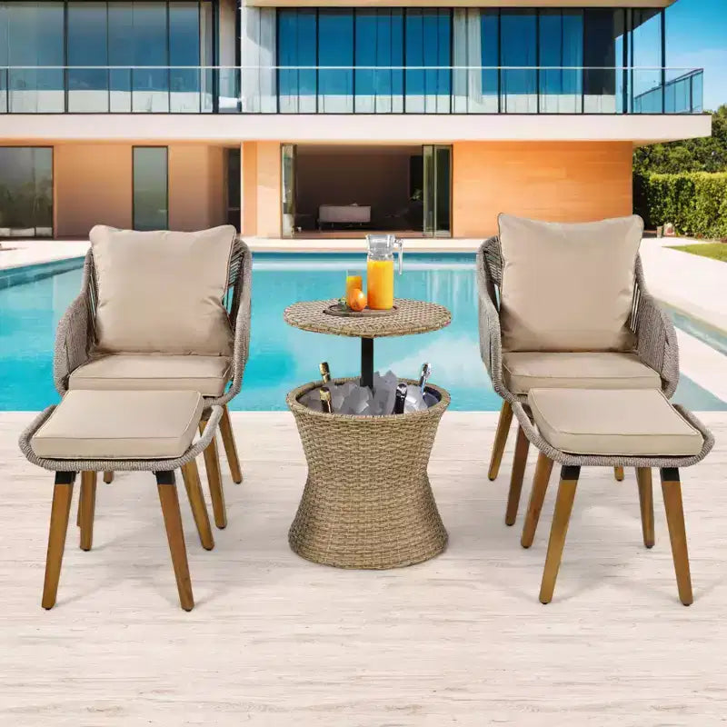 Ensemble de mobilier de patio Zevemomo 5 pièces en corde, pour jardin avec fauteuils tressés à la main, poufs, table en osier avec bar rafraîchissant escamotable