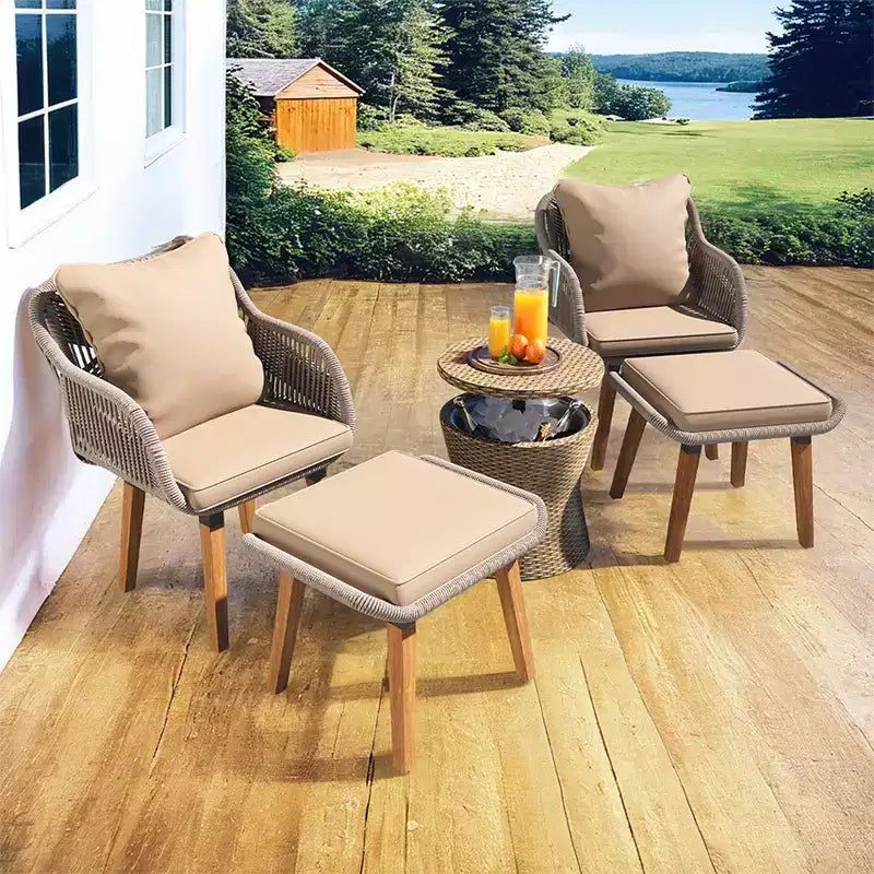 Ensemble de mobilier de patio Zevemomo 5 pièces en corde, pour jardin avec fauteuils tressés à la main, poufs, table en osier avec bar rafraîchissant escamotable