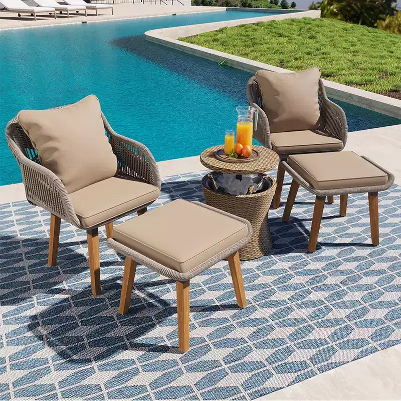 Ensemble de mobilier de patio Zevemomo 5 pièces en corde, pour jardin avec fauteuils tressés à la main, poufs, table en osier avec bar rafraîchissant escamotable