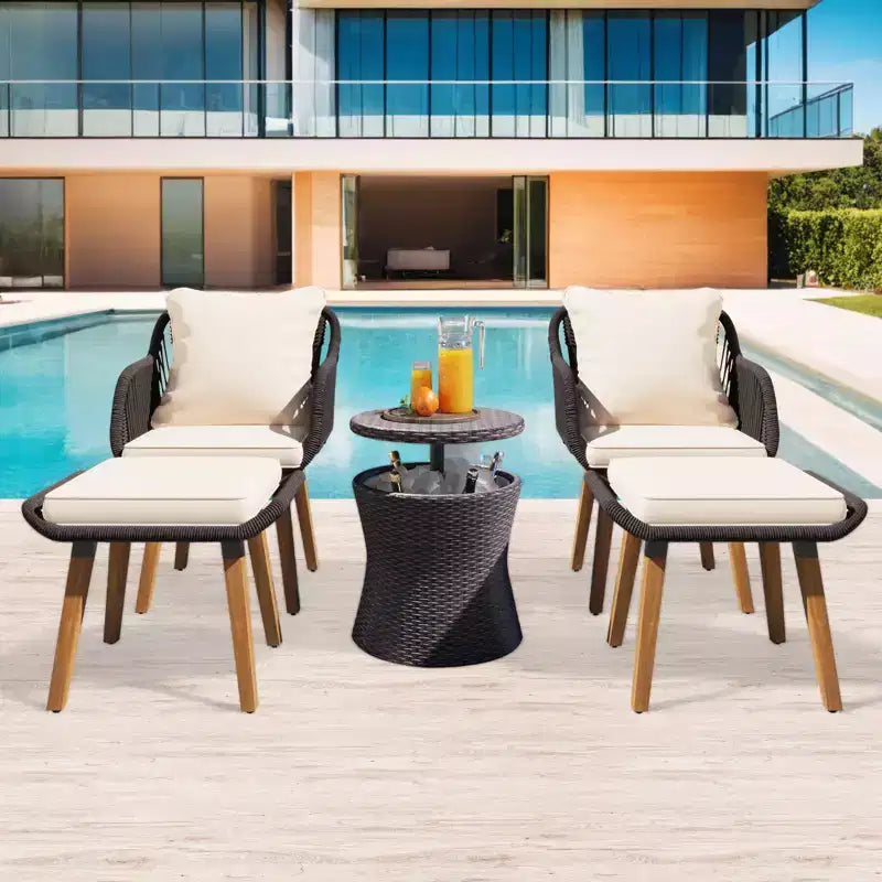 Ensemble de mobilier de patio Zevemomo 5 pièces en corde, pour jardin avec fauteuils tressés à la main, poufs, table en osier avec bar rafraîchissant escamotable
