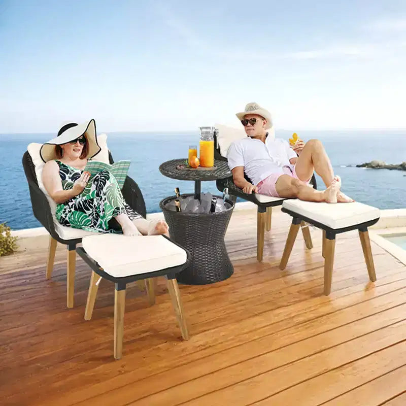 Ensemble de mobilier de patio Zevemomo 5 pièces en corde, pour jardin avec fauteuils tressés à la main, poufs, table en osier avec bar rafraîchissant escamotable