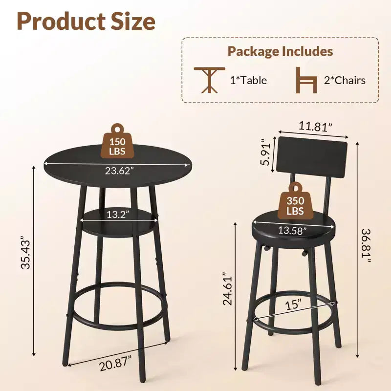 Zevemomo Ensemble de table de bar ronde 3 pièces, petite table à manger pour 2, avec rangement, 2 tabourets à coussin épais avec dossier pour salle à manger et bistrot - Noir