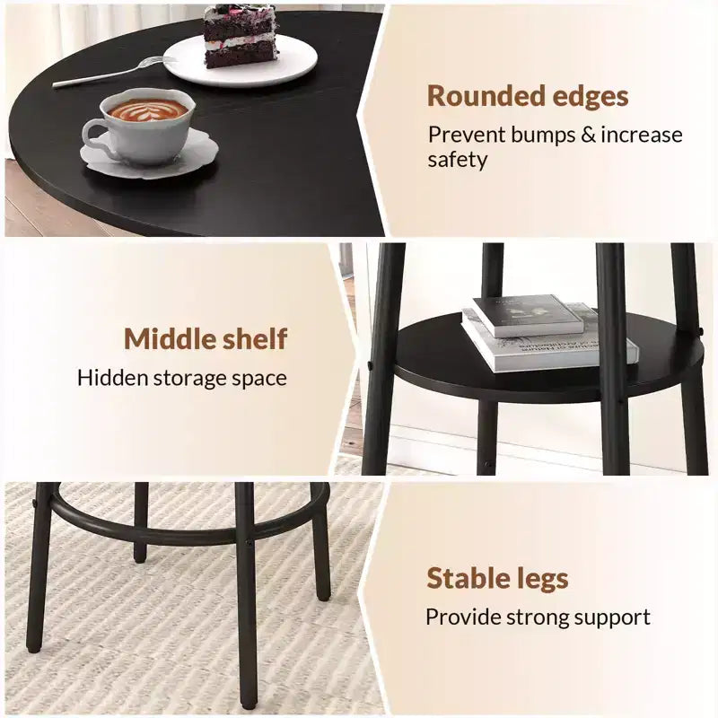 Zevemomo Ensemble de table de bar ronde 3 pièces, petite table à manger pour 2, avec rangement, 2 tabourets à coussin épais avec dossier pour salle à manger et bistrot - Noir