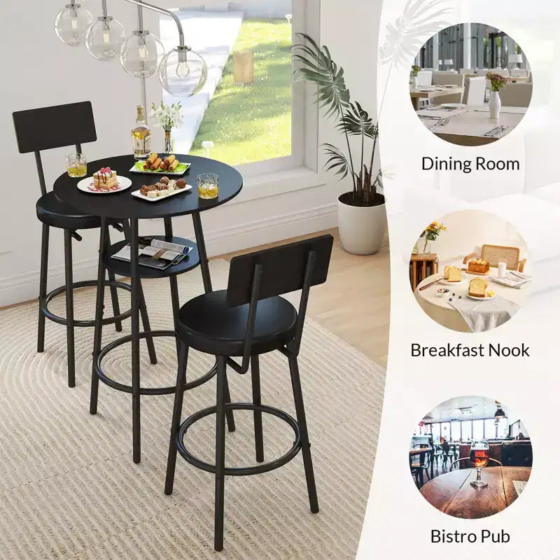 Zevemomo Ensemble de table de bar ronde 3 pièces, petite table à manger pour 2, avec rangement, 2 tabourets à coussin épais avec dossier pour salle à manger et bistrot - Noir
