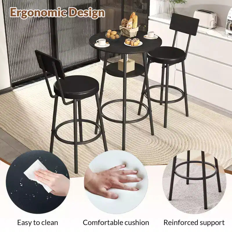Zevemomo Ensemble de table de bar ronde 3 pièces, petite table à manger pour 2, avec rangement, 2 tabourets à coussin épais avec dossier pour salle à manger et bistrot - Noir
