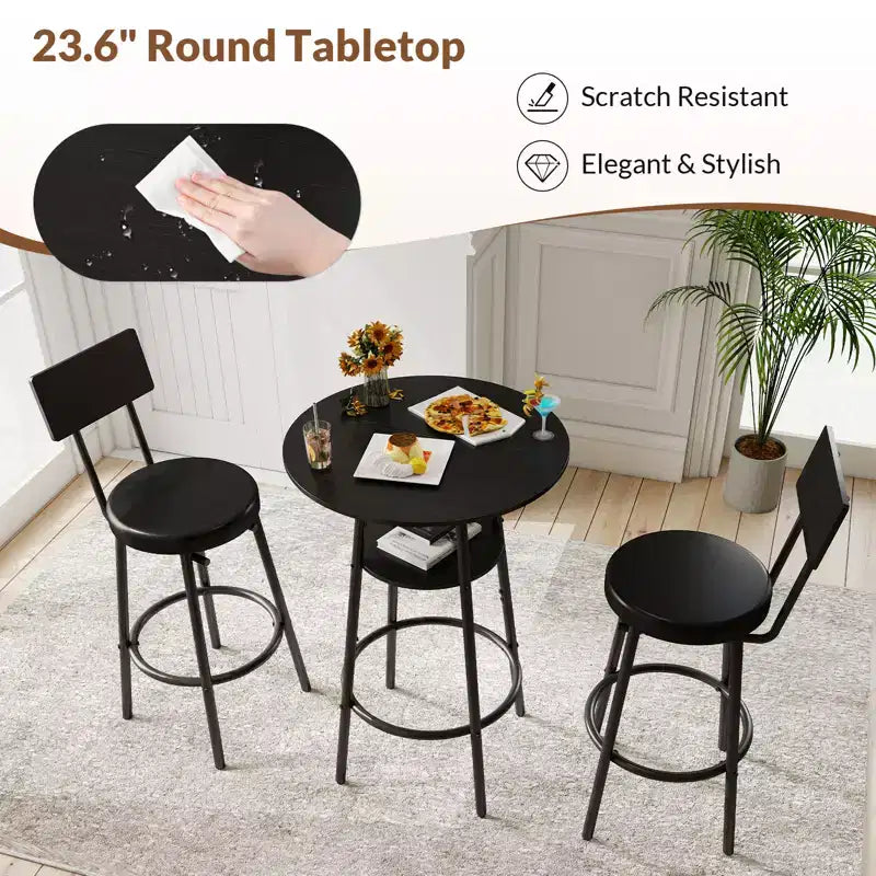 Zevemomo Ensemble de table de bar ronde 3 pièces, petite table à manger pour 2, avec rangement, 2 tabourets à coussin épais avec dossier pour salle à manger et bistrot - Noir