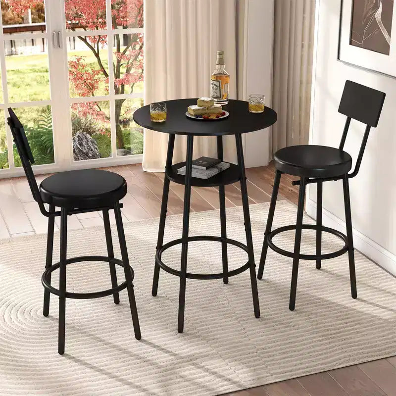 Zevemomo Ensemble de table de bar ronde 3 pièces, petite table à manger pour 2, avec rangement, 2 tabourets à coussin épais avec dossier pour salle à manger et bistrot - Noir