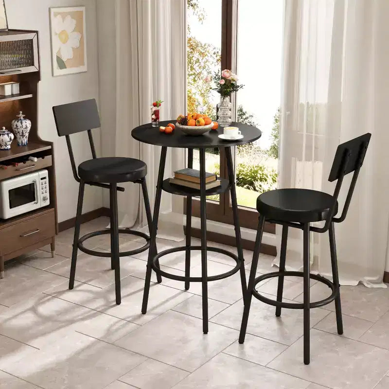 Zevemomo Ensemble de table de bar ronde 3 pièces, petite table à manger pour 2, avec rangement, 2 tabourets à coussin épais avec dossier pour salle à manger et bistrot - Noir