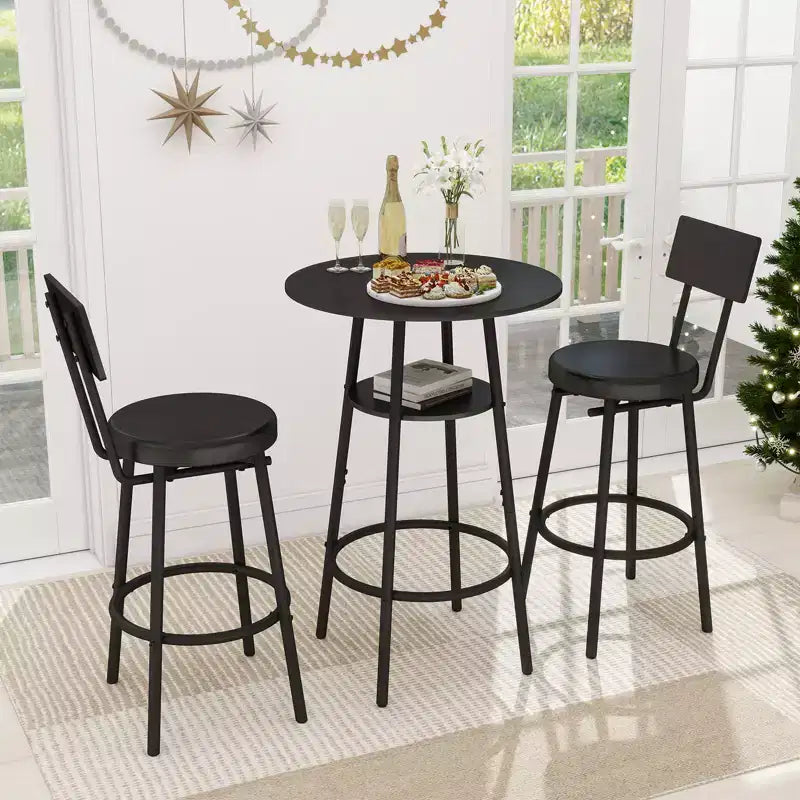Zevemomo Ensemble de table de bar ronde 3 pièces, petite table à manger pour 2, avec rangement, 2 tabourets à coussin épais avec dossier pour salle à manger et bistrot - Noir