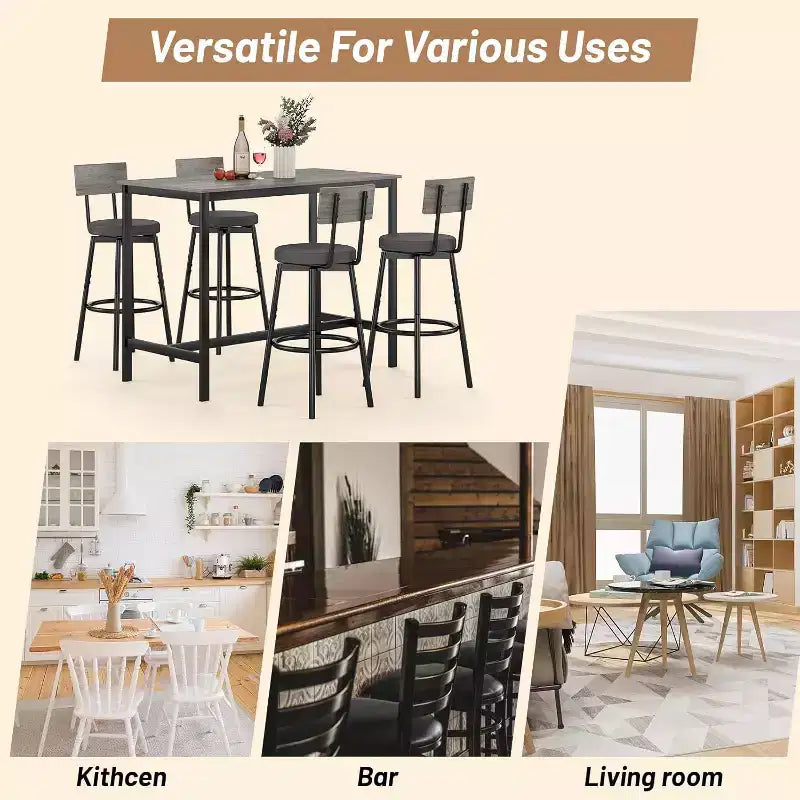 Ensemble de salle à manger Zevemomo pour 4, ensemble de table de bar 5 pièces, table haute de hauteur de comptoir avec 4 tabourets rembourrés en PU, pour petit espace, gris