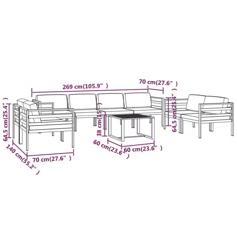vidaXL Salon de jardin 9 pièces avec coussins – Mobilier de patio en aluminium durable – Confortable, résistant aux intempéries et design modulaire – Anthracite