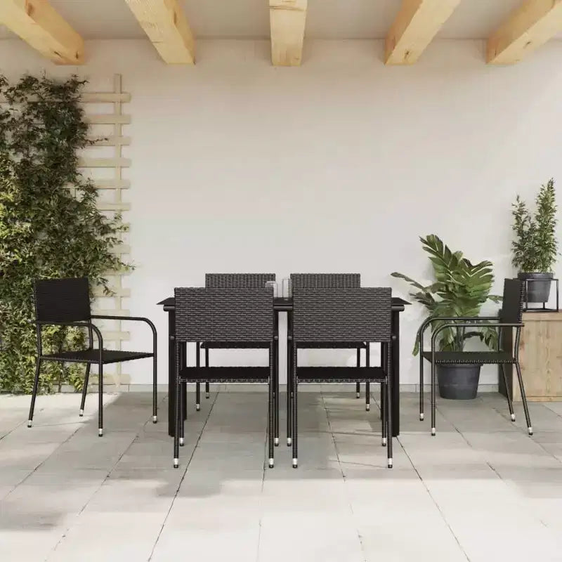 vidaXL Ensemble de jardin à dîner en rotin synthétique noir et acier, empilable, longueur de table 140 cm, 6 pièces