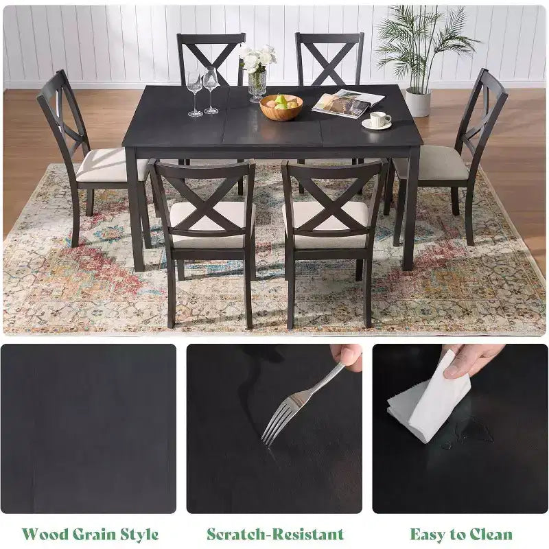 AMERLIFE Ensemble de salle à manger 7 pièces de style ferme, table de 152 cm peu encombrante avec 6 chaises pour salle à manger, cuisine