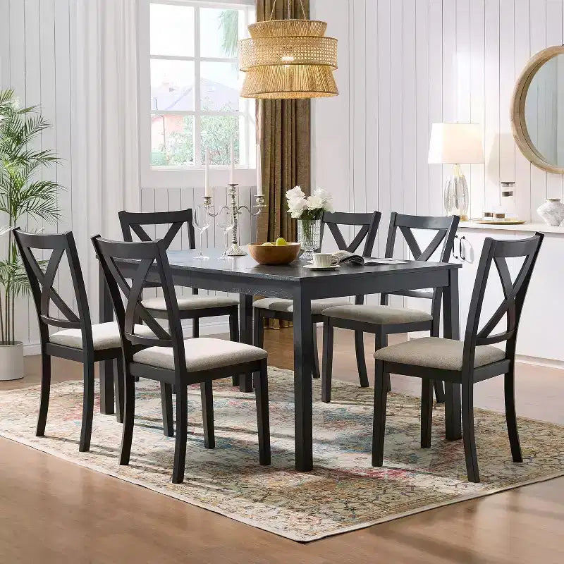 AMERLIFE Ensemble de salle à manger 7 pièces de style ferme, table de 152 cm peu encombrante avec 6 chaises pour salle à manger, cuisine