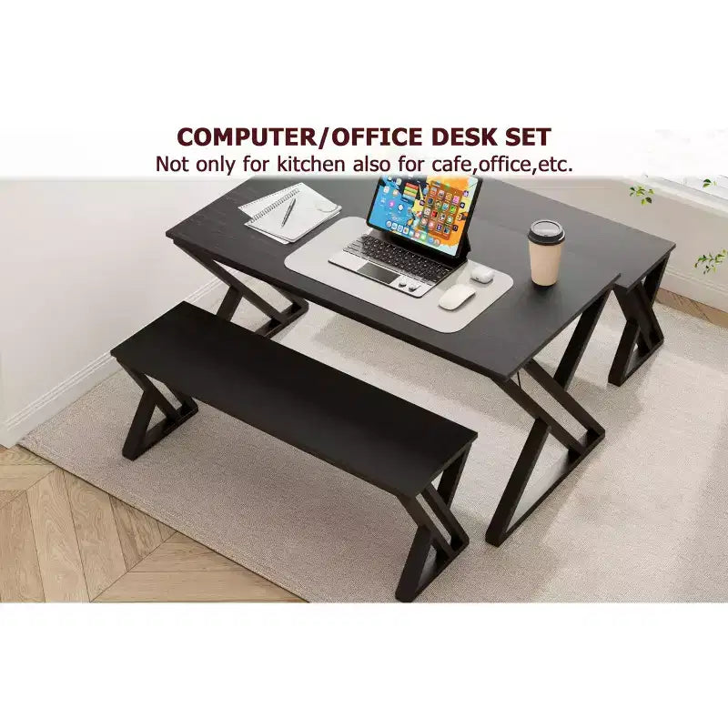 Ensemble table à manger CuisinSmart avec banc et plateau en bois, table de cuisine à structure métallique avec pieds en X et banc pour 4 personnes, pour café, maison, bureau, noir
