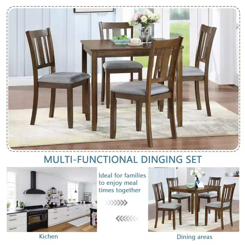 GDFStudio Kimura Ensemble de 5 Chaises de Salle à Manger Rembourrées en Bois d'Acacia Rustique avec Table à Manger Carrée