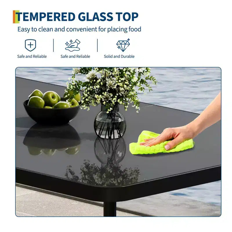 Ensemble de salle à manger d'extérieur 7 pièces avec coussins gris, table en verre trempé et chaises en rotin PE résistant aux intempéries pour patio, jardin, bord de piscine
